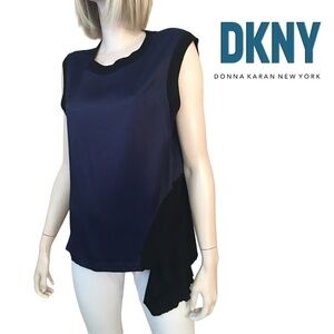 DKNY Asymmetrical Flounce Panel Top Blouse Tunic Tank Rayon Merino Wool NWOT